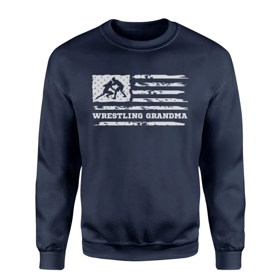 wrestling grandma horizontal flag on a sweatshirt with a white graphic