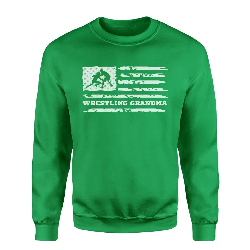 wrestling grandma horizontal flag on a sweatshirt with a white graphic