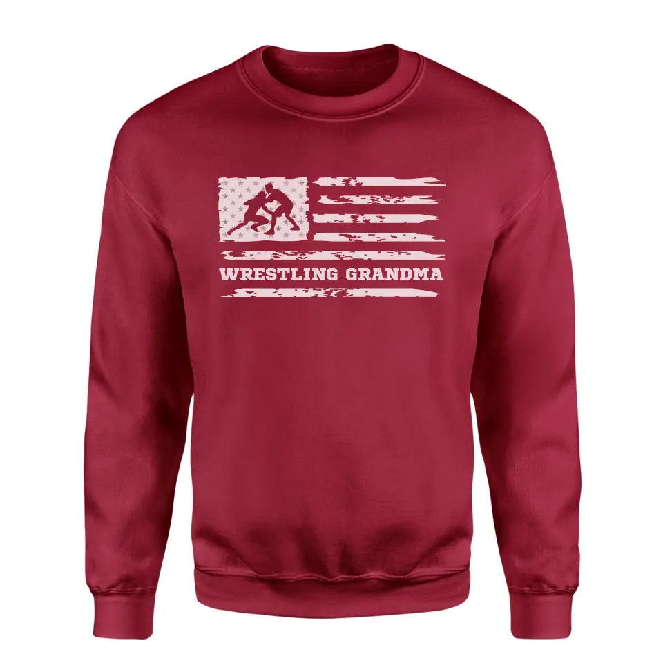 wrestling grandma horizontal flag on a sweatshirt with a white graphic