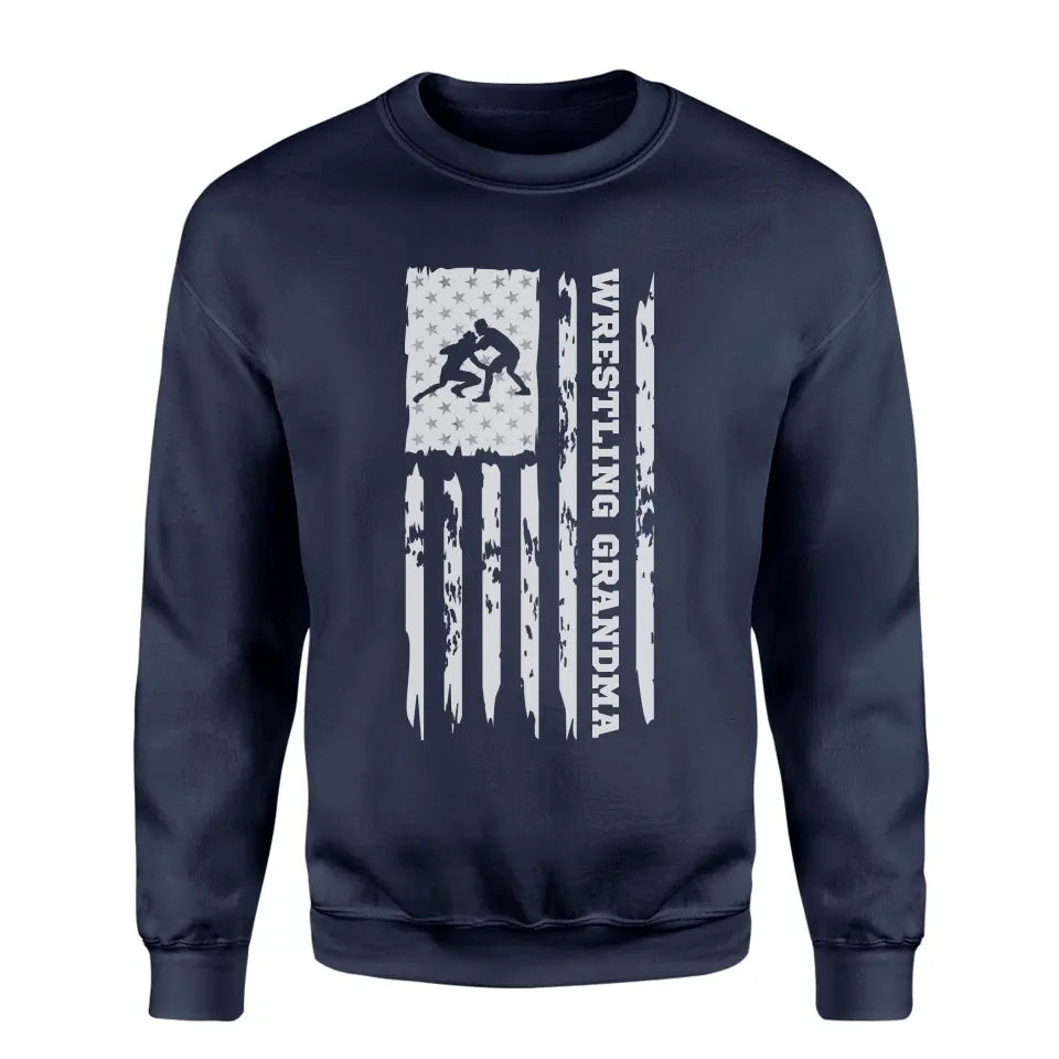 wrestling grandma vertical flag on a sweatshirt with a white graphic