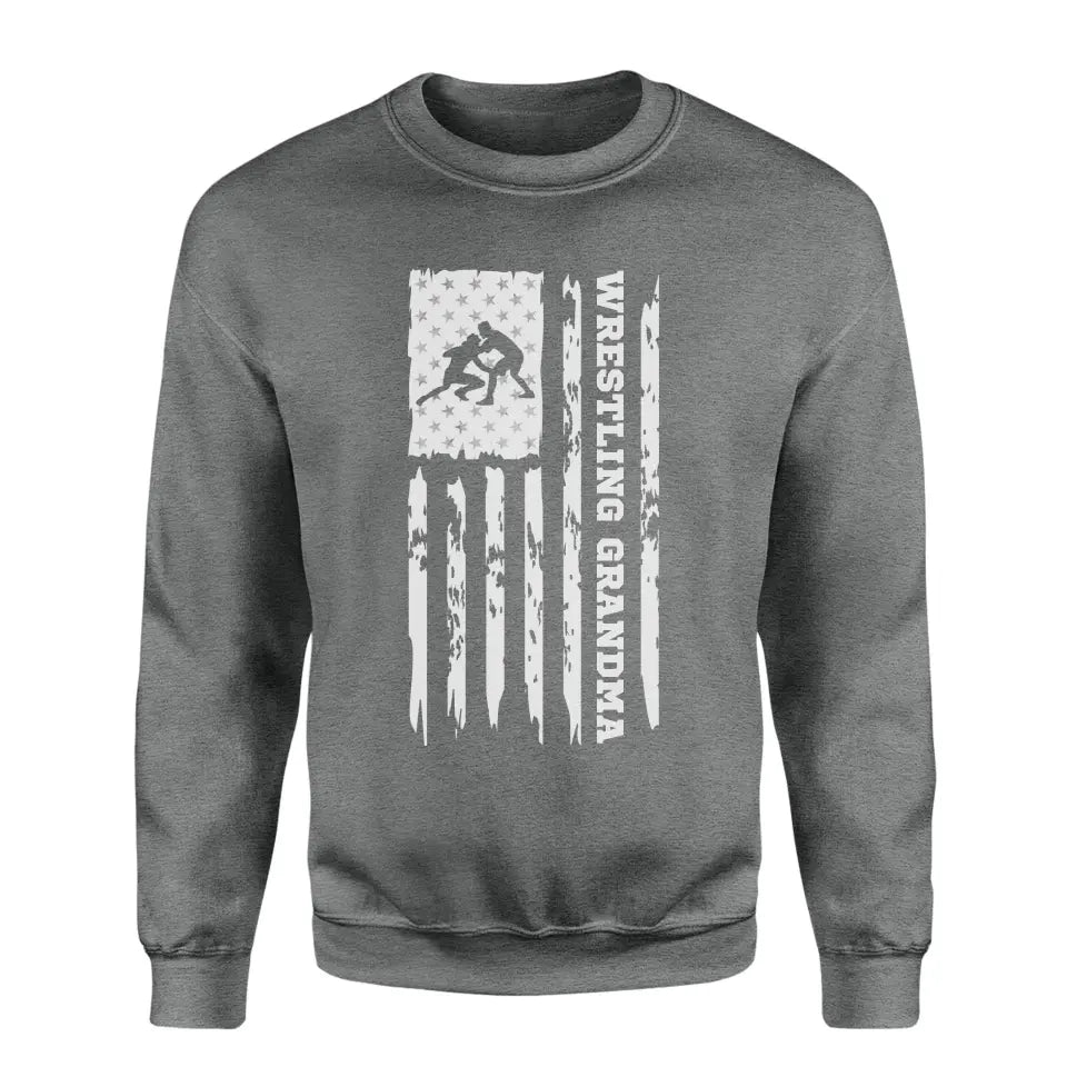 wrestling grandma vertical flag on a sweatshirt with a white graphic