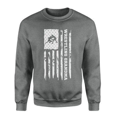 wrestling grandma vertical flag on a sweatshirt with a white graphic