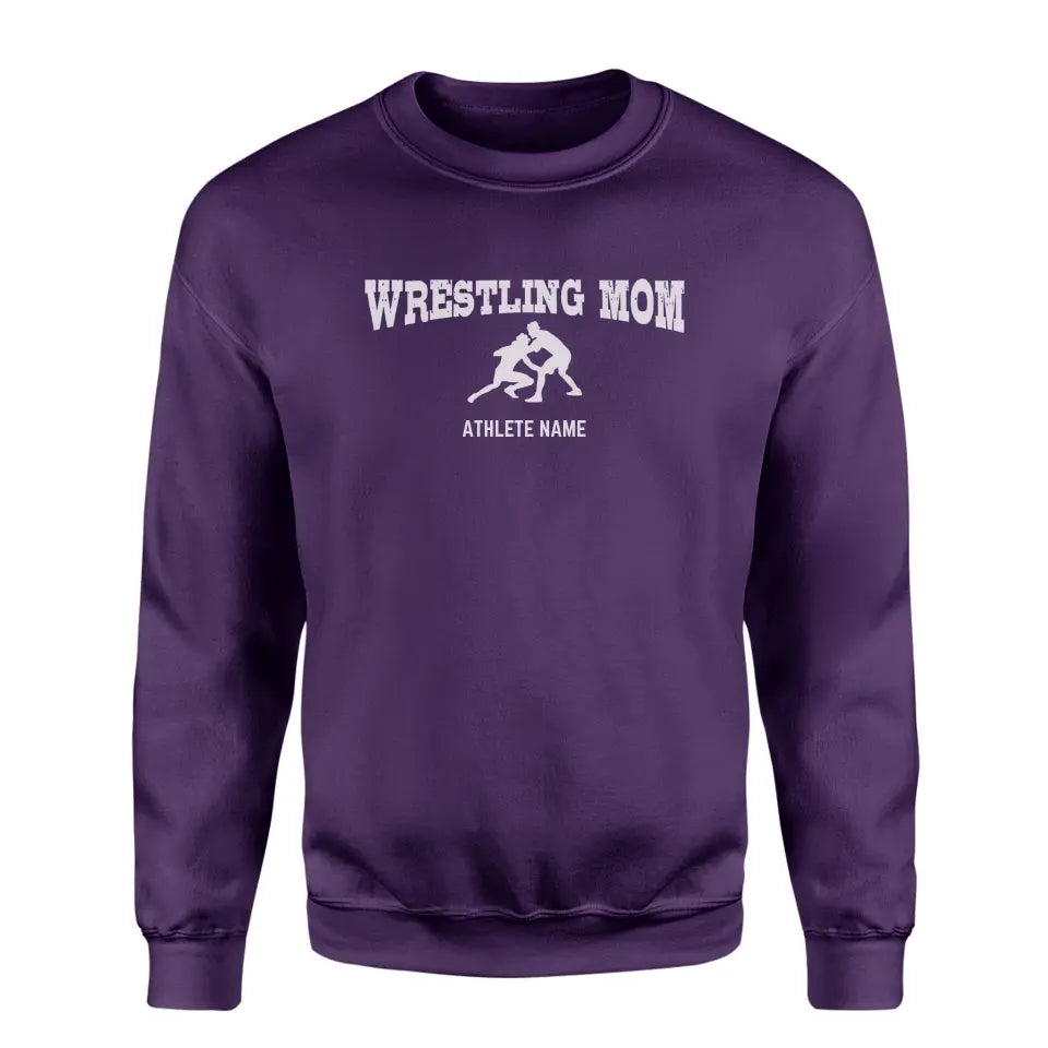 wrestling mom with wrestler icon and wrestler name on a sweatshirt with a white graphic