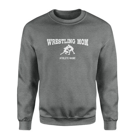 wrestling mom with wrestler icon and wrestler name on a sweatshirt with a white graphic