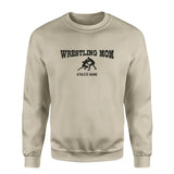 wrestling mom with wrestler icon and wrestler name on a sweatshirt with a black graphic