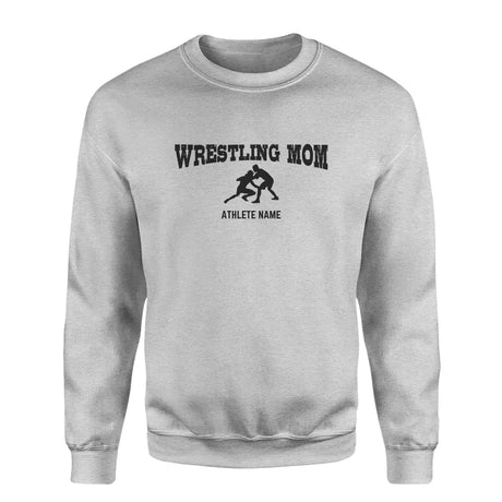 wrestling mom with wrestler icon and wrestler name on a sweatshirt with a black graphic