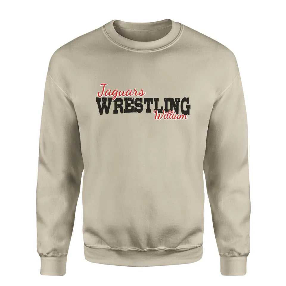 custom wrestling mascot and wrestler name on a sweatshirt with a black graphic