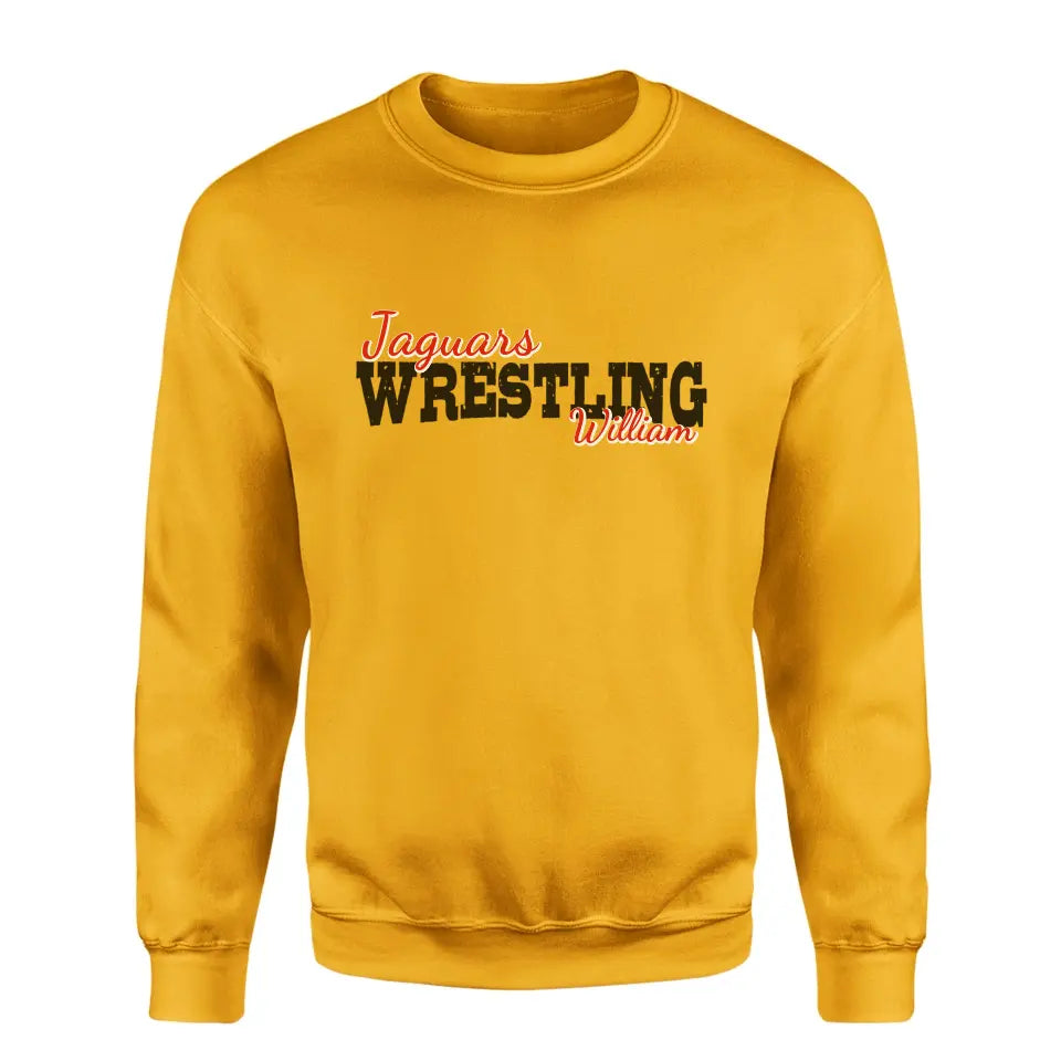 custom wrestling mascot and wrestler name on a sweatshirt with a black graphic