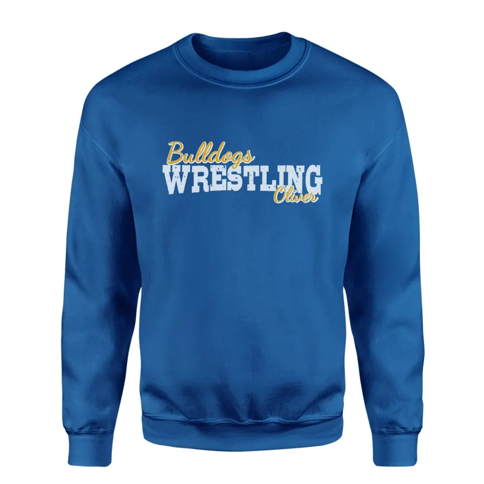 custom wrestling mascot and wrestler name on a sweatshirt with a white graphic