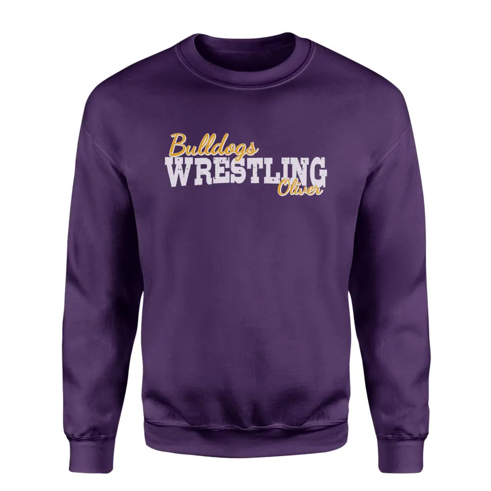 custom wrestling mascot and wrestler name on a sweatshirt with a white graphic