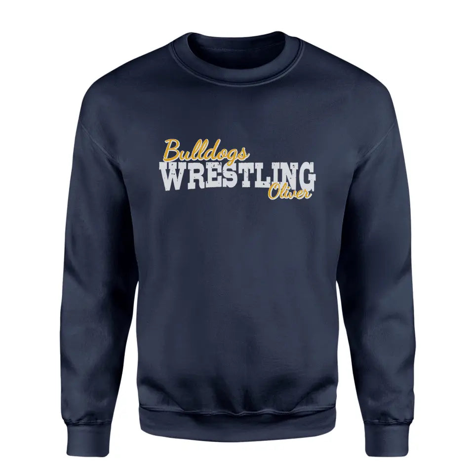 custom wrestling mascot and wrestler name on a sweatshirt with a white graphic