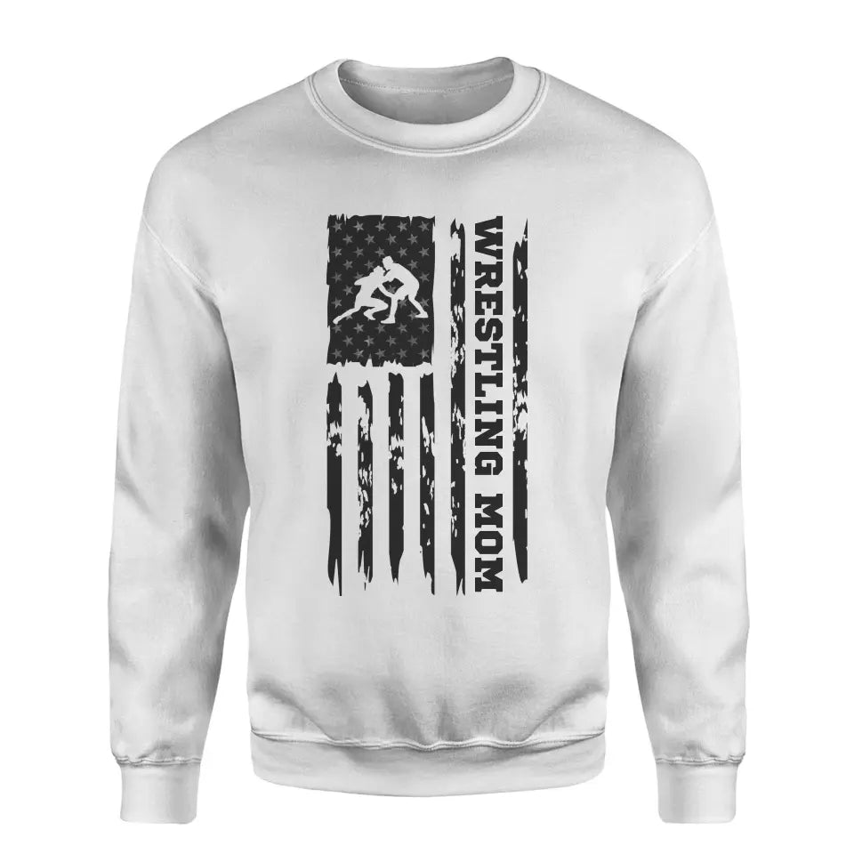 wrestling mom vertical flag on a sweatshirt with a black graphic