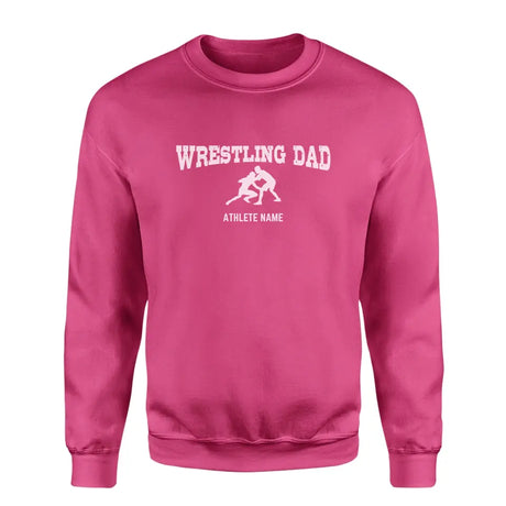 wrestling dad with wrestler icon and wrestler name on a sweatshirt with a white graphic