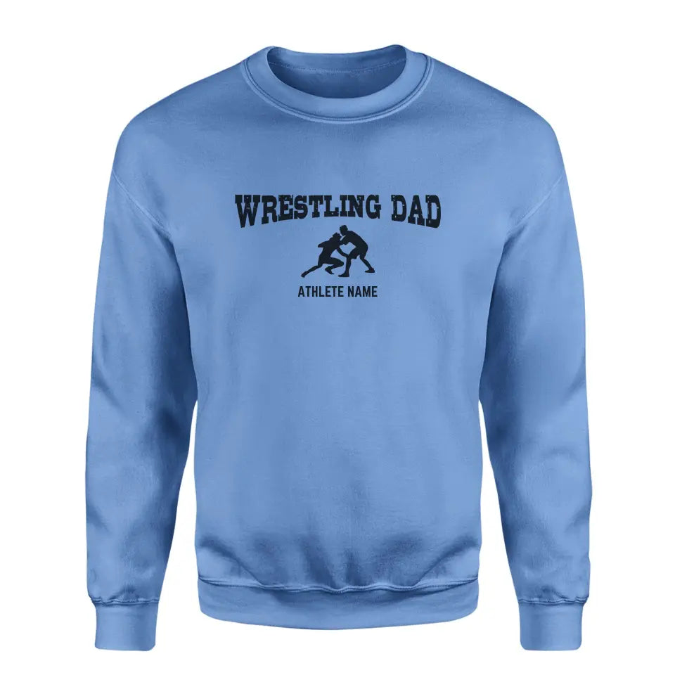 wrestling dad with wrestler icon and wrestler name on a sweatshirt with a black graphic