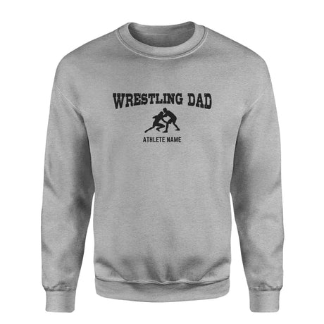 wrestling dad with wrestler icon and wrestler name on a sweatshirt with a black graphic