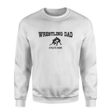 wrestling dad with wrestler icon and wrestler name on a sweatshirt with a black graphic