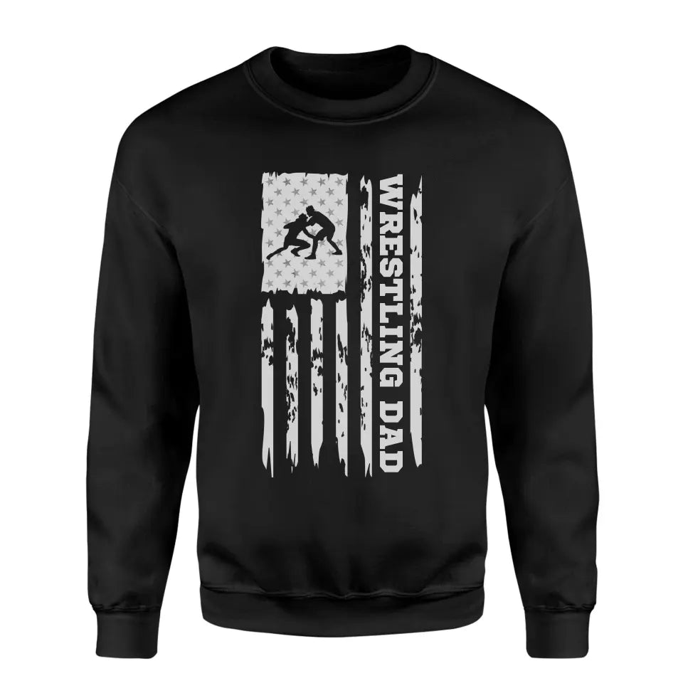 wrestling dad vertical flag on a sweatshirt with a white graphic