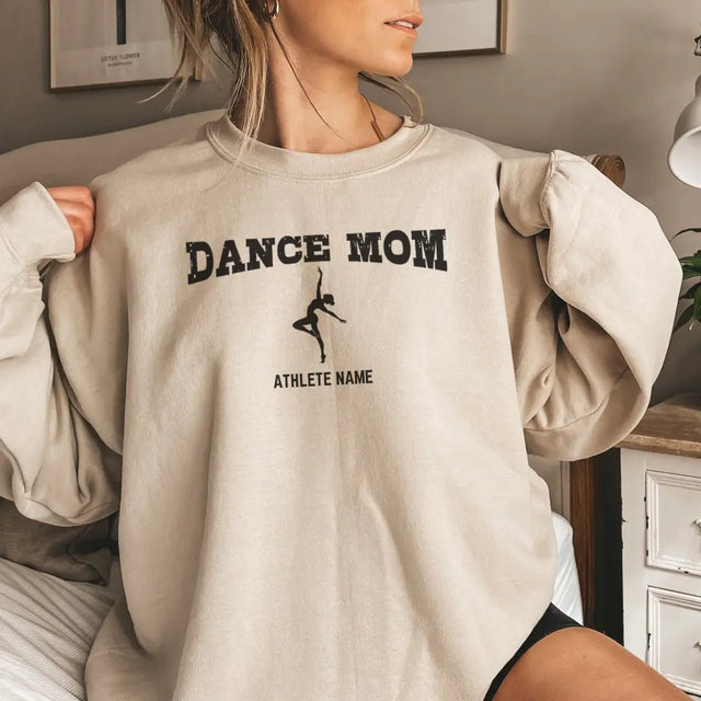 dance mom with dancer icon and dancer name on a sweatshirt with a black graphic