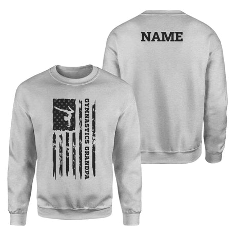 gymnastics grandpa vertical flag with gymnast name on a sweatshirt with a black graphic