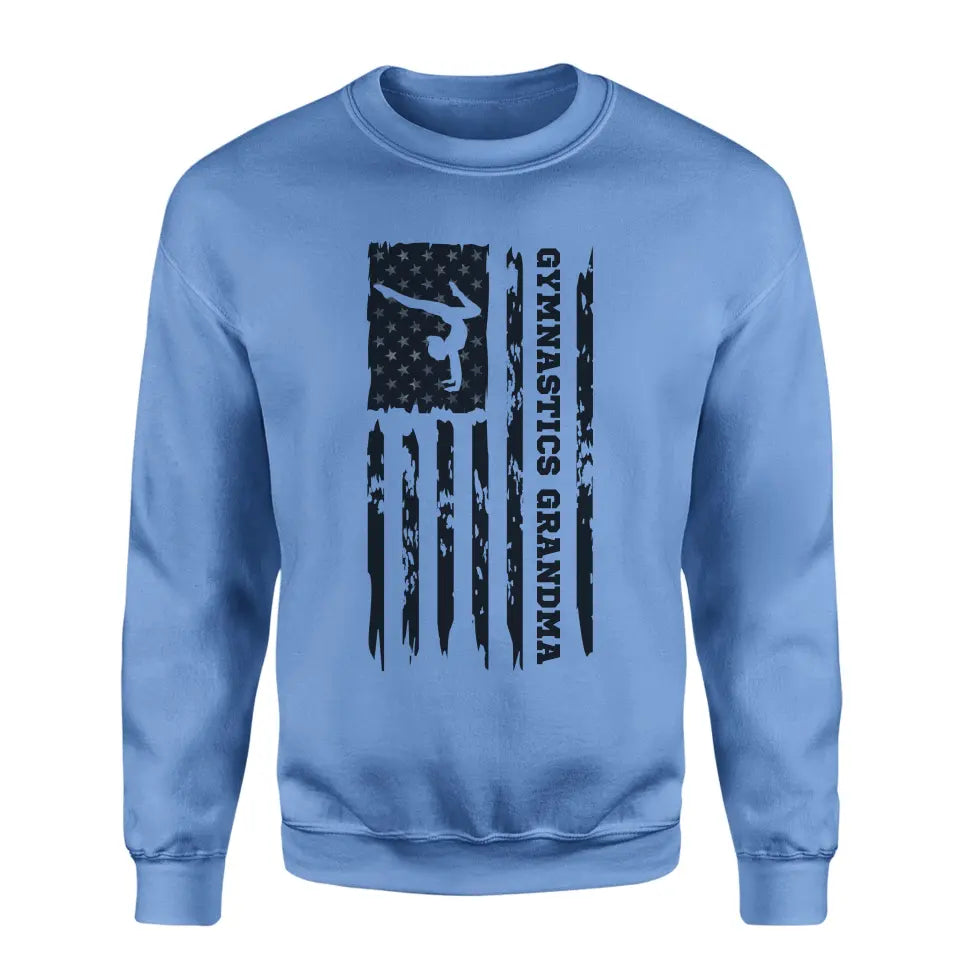 gymnastics grandma vertical flag on a sweatshirt with a black graphic