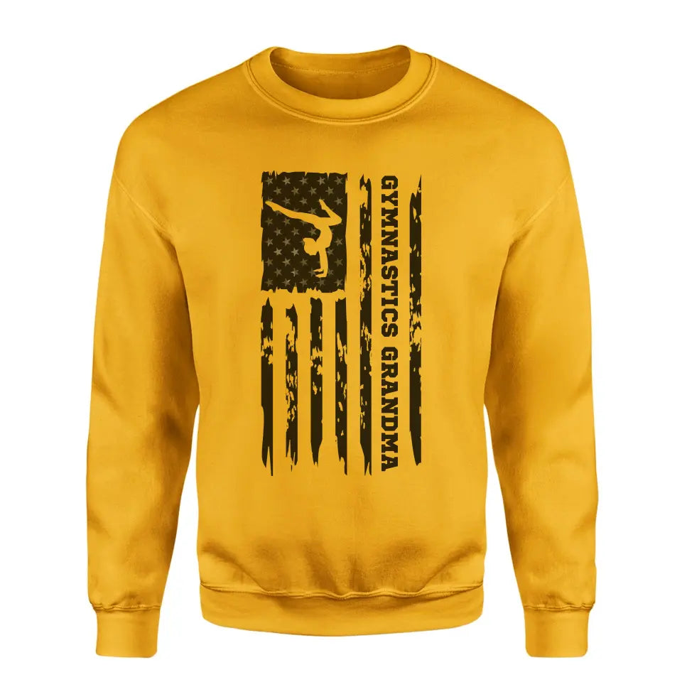 gymnastics grandma vertical flag on a sweatshirt with a black graphic