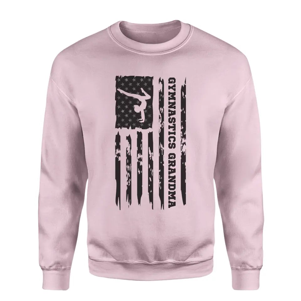 gymnastics grandma vertical flag on a sweatshirt with a black graphic