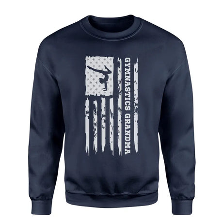 gymnastics grandma vertical flag on a sweatshirt with a white graphic