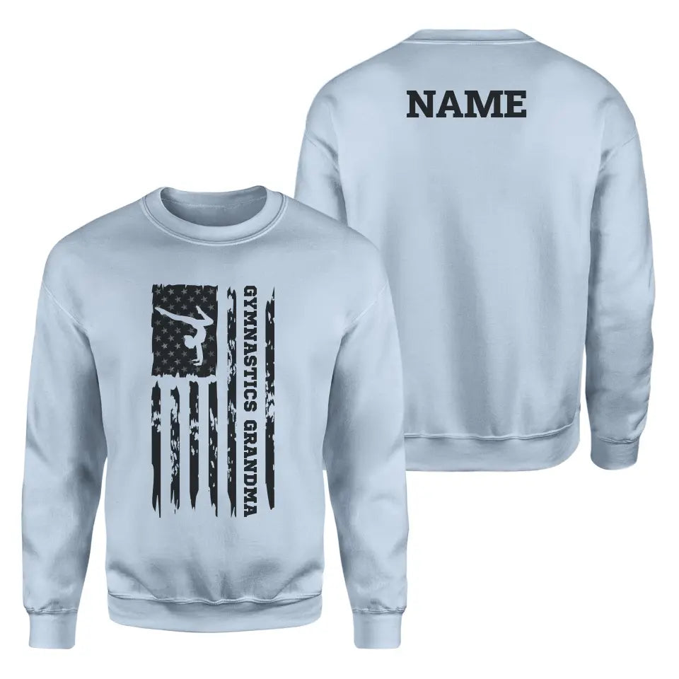 gymnastics grandma vertical flag with gymnast name on a sweatshirt with a black graphic