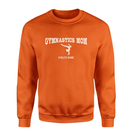 gymnastics mom with gymnast icon and gymnast name on a sweatshirt with a white graphic