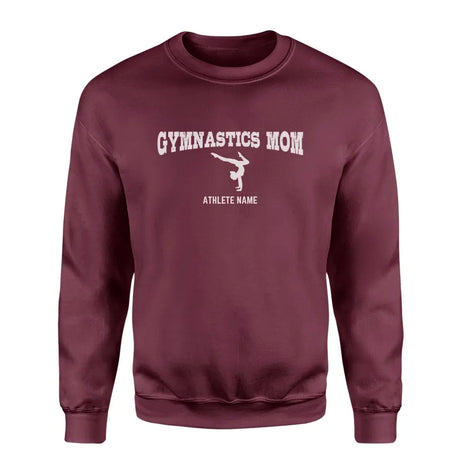 gymnastics mom with gymnast icon and gymnast name on a sweatshirt with a white graphic