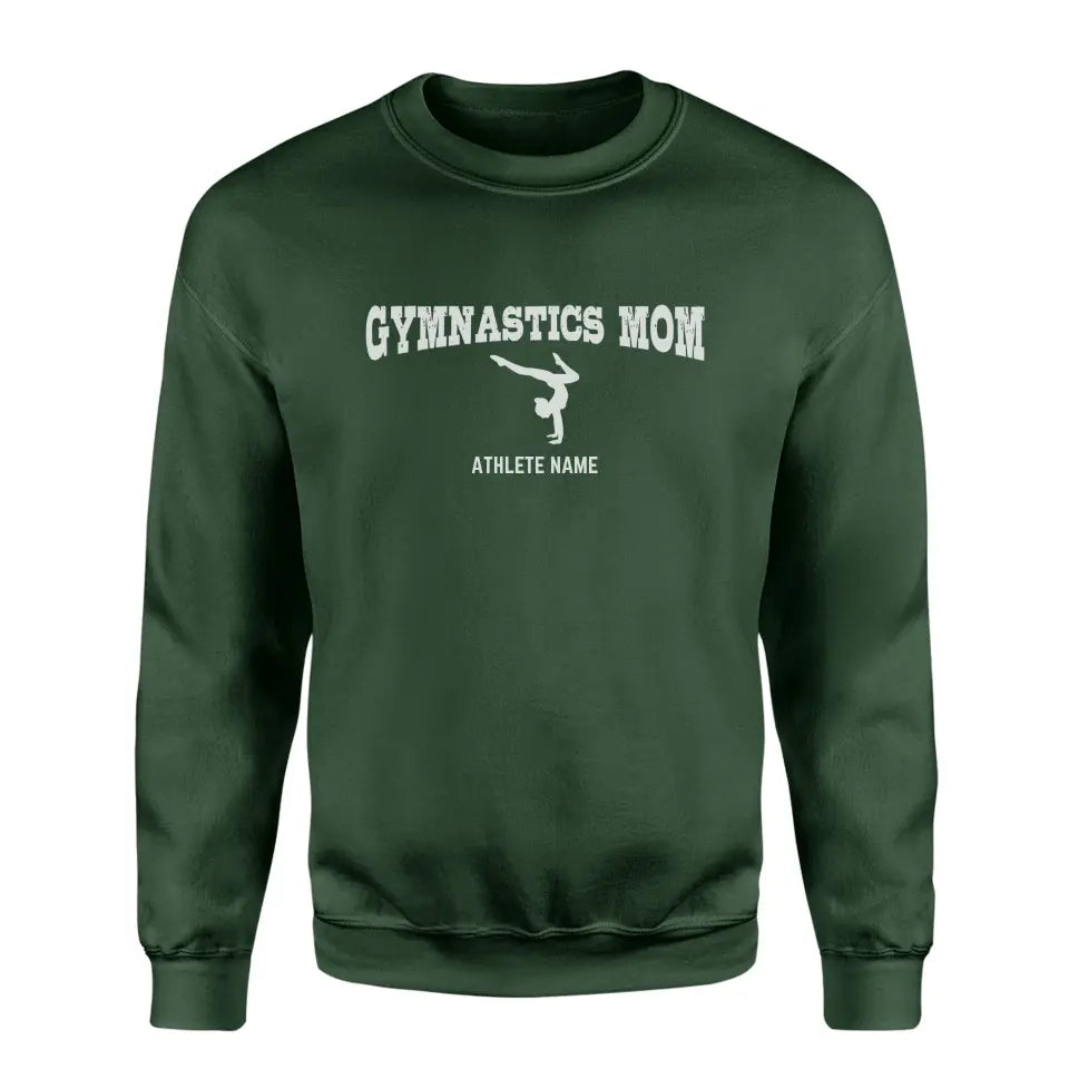 gymnastics mom with gymnast icon and gymnast name on a sweatshirt with a white graphic