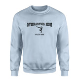 gymnastics mom with gymnast icon and gymnast name on a sweatshirt with a black graphic