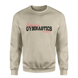 custom gymnastics mascot and gymnast name on a sweatshirt with a black graphic