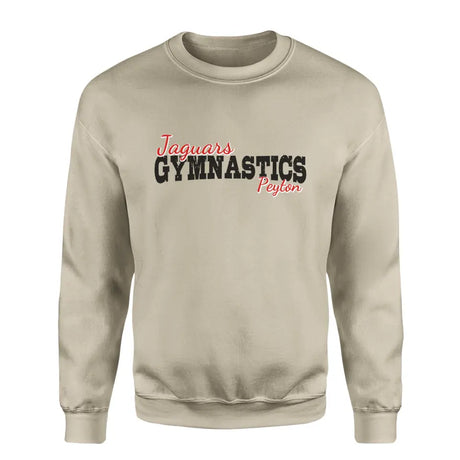 custom gymnastics mascot and gymnast name on a sweatshirt with a black graphic