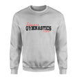 custom gymnastics mascot and gymnast name on a sweatshirt with a black graphic