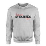 custom gymnastics mascot and gymnast name on a sweatshirt with a black graphic