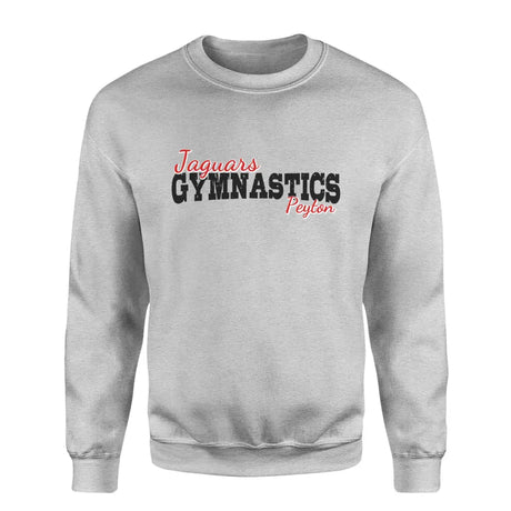 custom gymnastics mascot and gymnast name on a sweatshirt with a black graphic