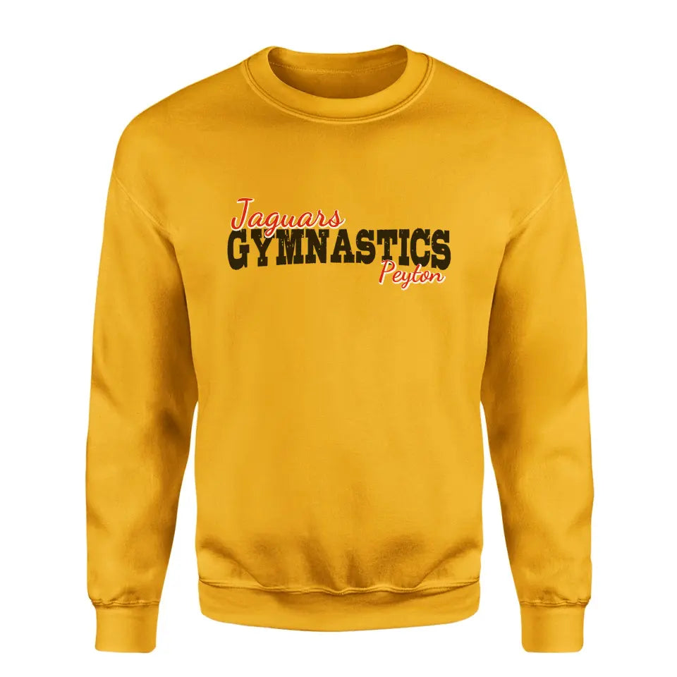 custom gymnastics mascot and gymnast name on a sweatshirt with a black graphic