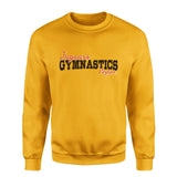 custom gymnastics mascot and gymnast name on a sweatshirt with a black graphic