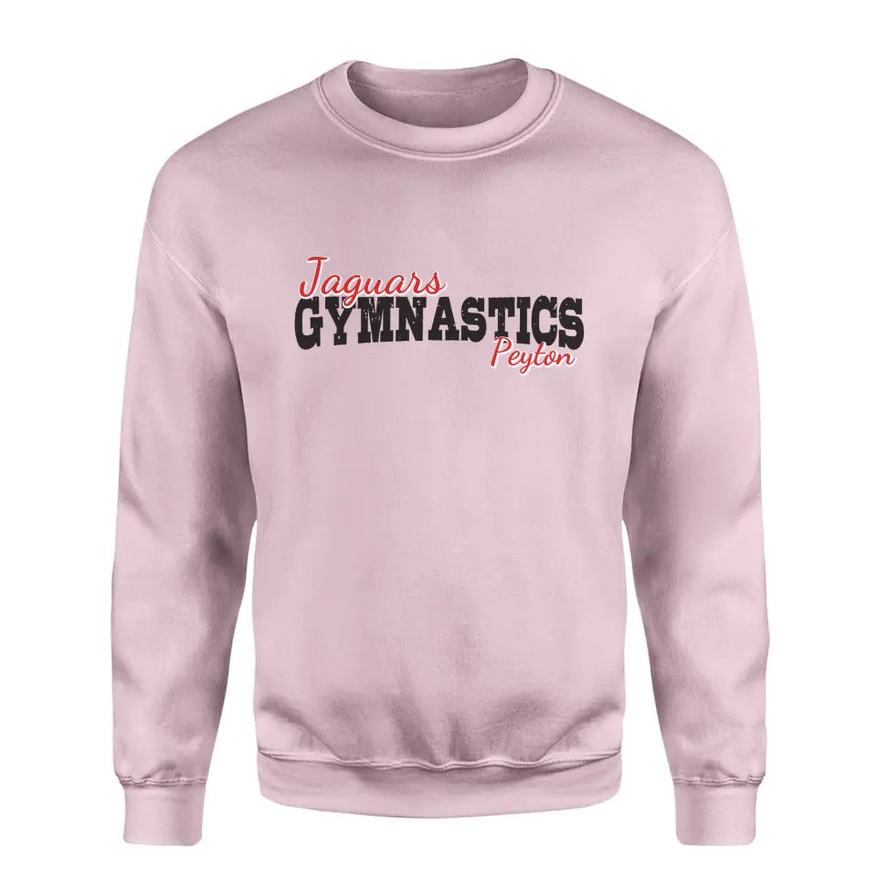 custom gymnastics mascot and gymnast name on a sweatshirt with a black graphic