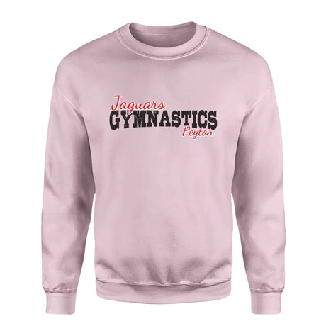 custom gymnastics mascot and gymnast name on a sweatshirt with a black graphic