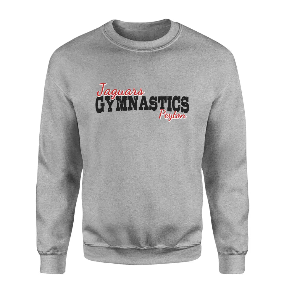 custom gymnastics mascot and gymnast name on a sweatshirt with a black graphic