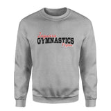 custom gymnastics mascot and gymnast name on a sweatshirt with a black graphic