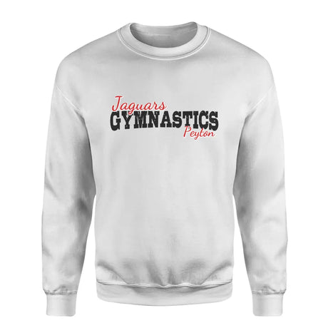 custom gymnastics mascot and gymnast name on a sweatshirt with a black graphic