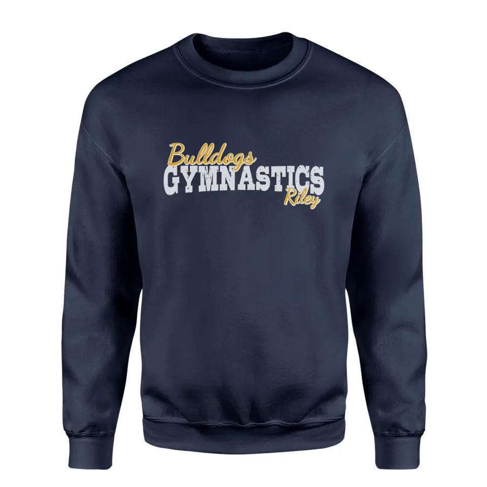 custom gymnastics mascot and gymnast name on a sweatshirt with a white graphic