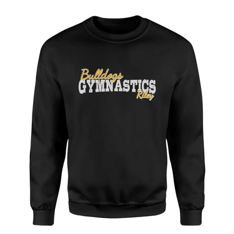 custom gymnastics mascot and gymnast name on a sweatshirt with a white graphic