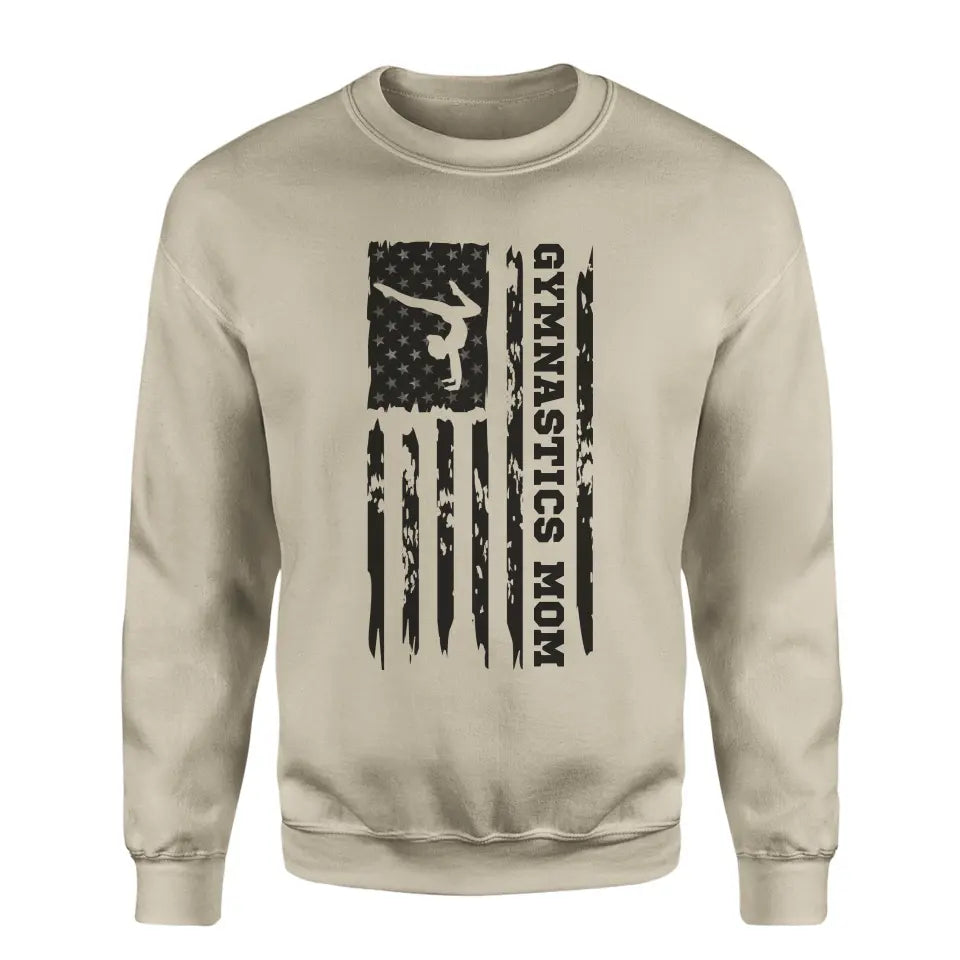 gymnastics mom vertical flag on a sweatshirt with a black graphic