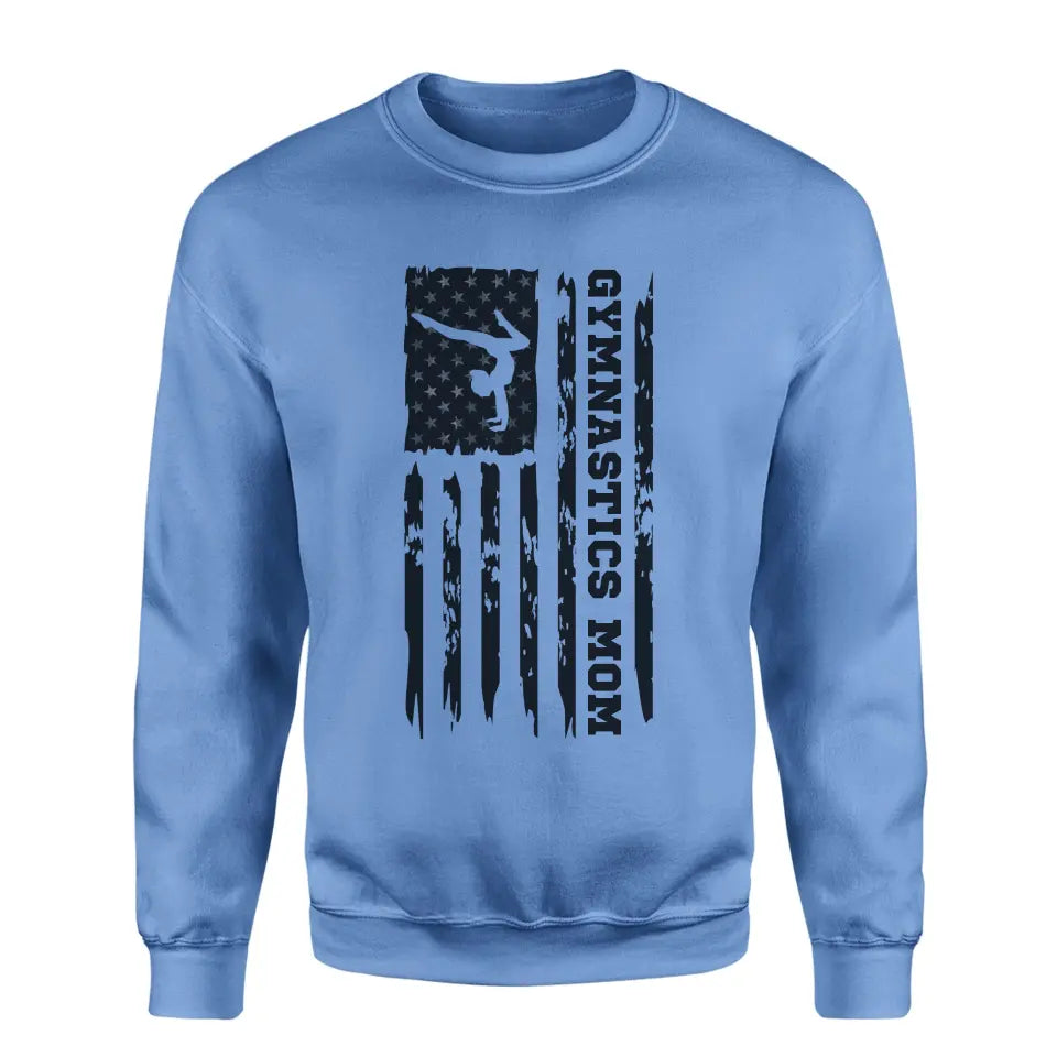 gymnastics mom vertical flag on a sweatshirt with a black graphic