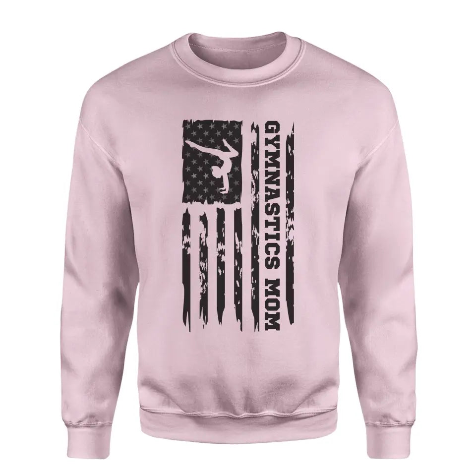 gymnastics mom vertical flag on a sweatshirt with a black graphic