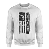 gymnastics mom vertical flag on a sweatshirt with a black graphic